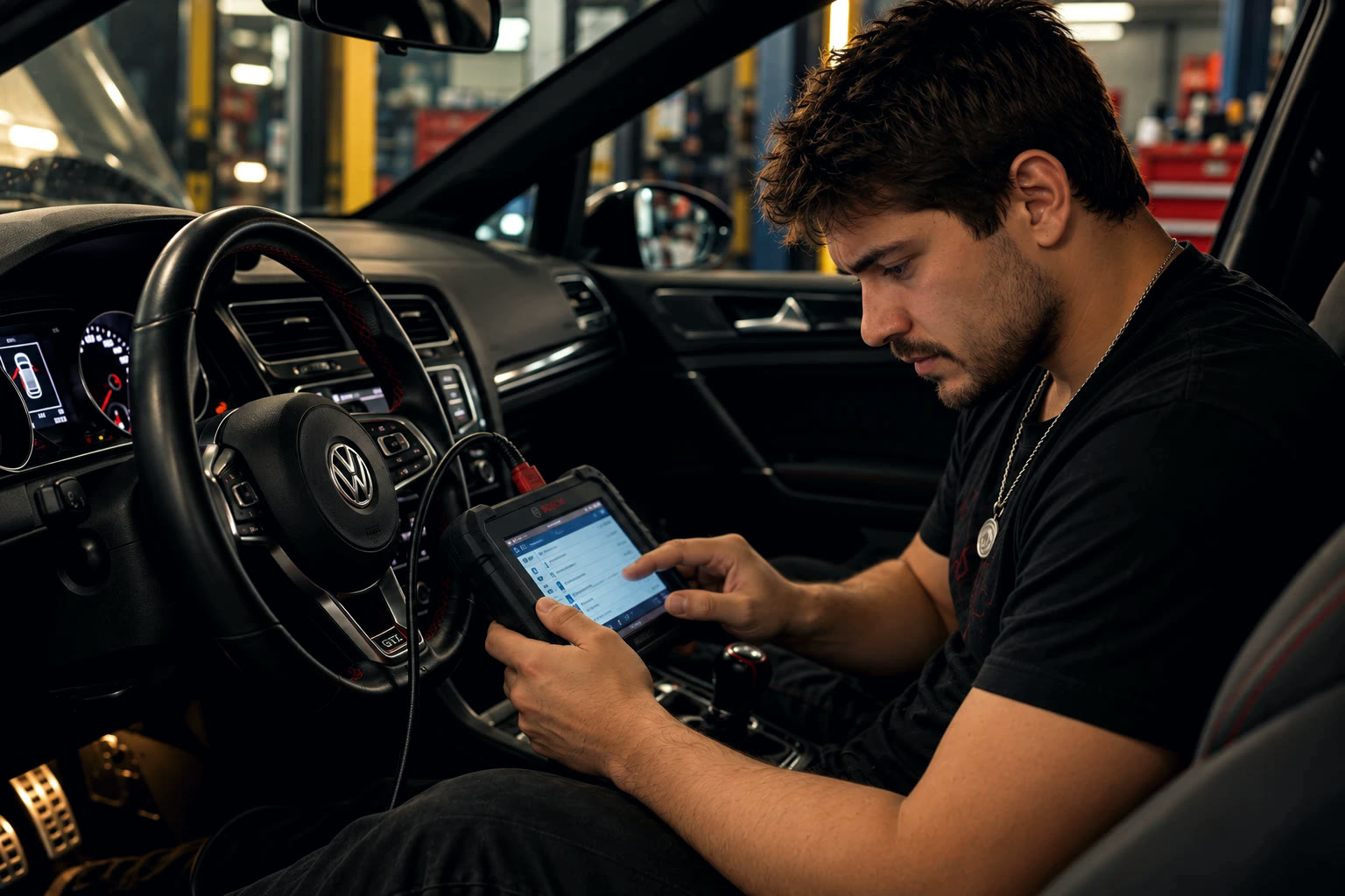 Carlos reading a car with diagnostic equipment